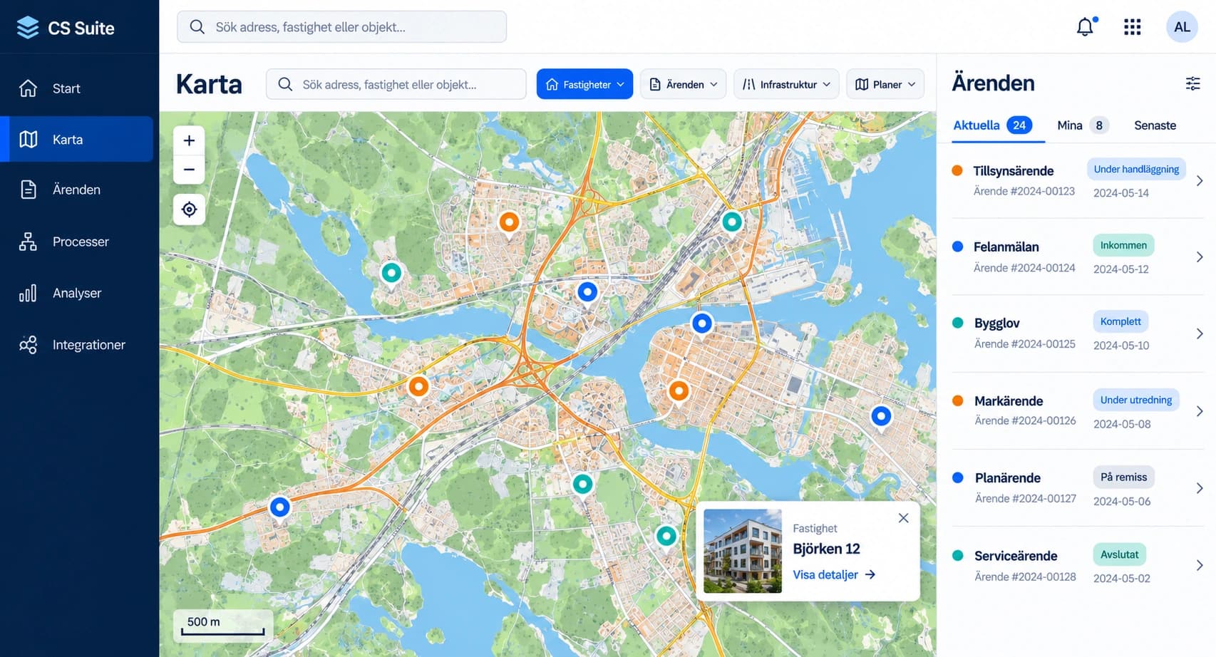 Illustrativ CS Suite-vy med stor karta, fastighetsinformation och en kompakt ärendelista. Fiktiva exempeldata.