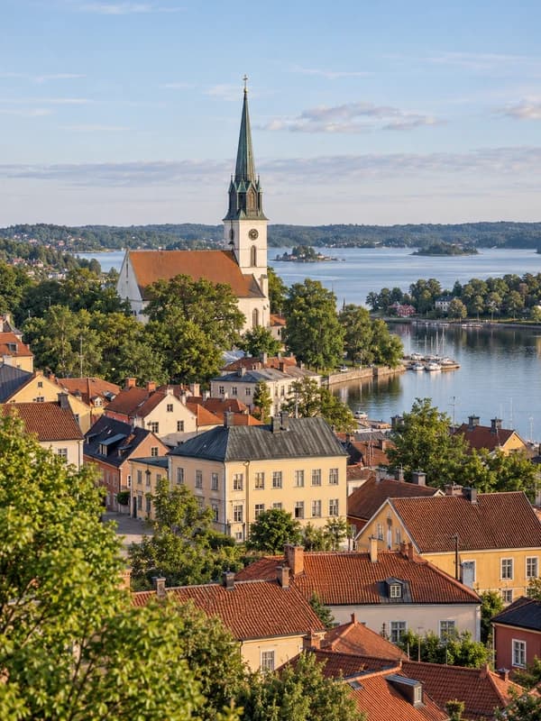 Svensk stadsmiljö med kyrktorn, grönska och bebyggelse vid vattnet.