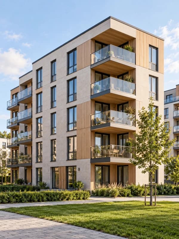 Modernt skandinaviskt bostadshus med balkonger och grön gård.